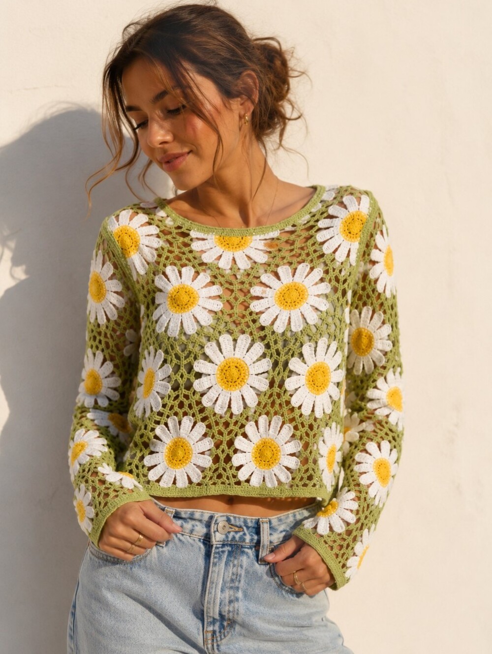 Rebellion | Olive Green Crochet Daisy Sweater w/ White & Yellow Flowers, Size S